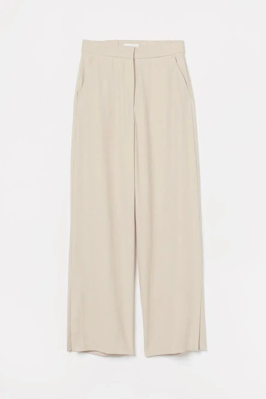 H&M Wide Leg Linen Blend Pants Sz L Beige Tan Side Slit Coastal Office Business
